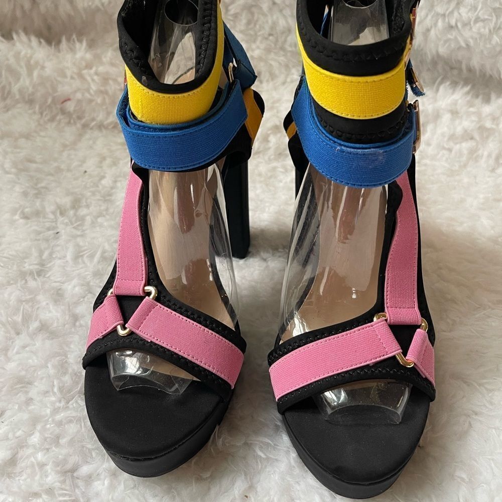 Pazzle Keandra multi color platform chunky heels Velcro straps sandals S…